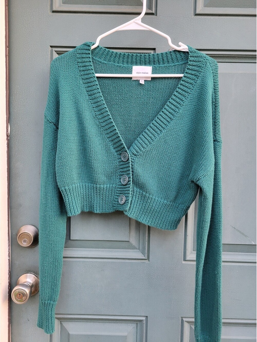 Skylar + Madison Women's L Teal Cropped Cardigan Wool Blend V-neck Sweater